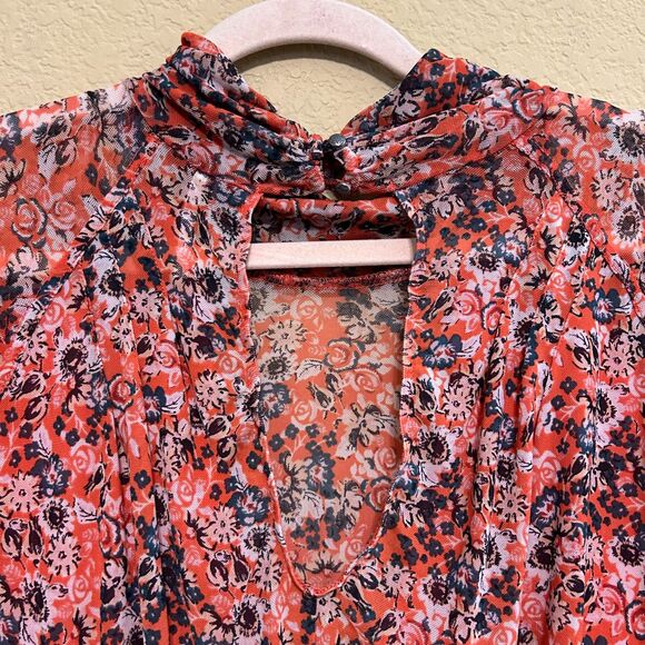 Free People All Dolled Up Top Womens Medium Red Floral Mesh Sheer High Neck Boho - Picture 5 of 10
